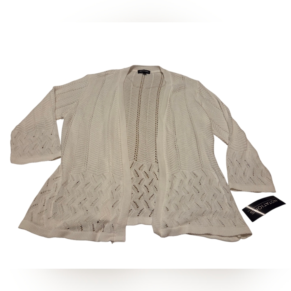 Women's XL Notations White Pointelle Knit Open Front Cardigan